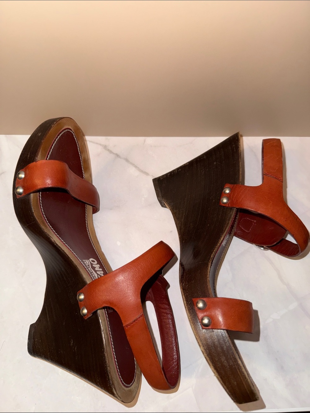 Salvatore Ferragamo Cognac Leather Slingback Sandals - Picture 6 of 13